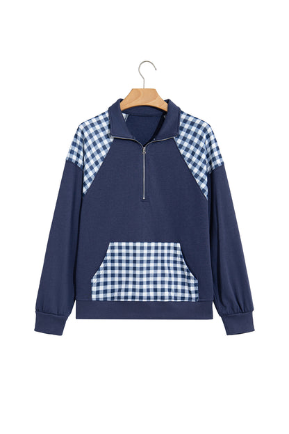 Racing Red Patchwork Plaid Pocket Quarter Zip Sweatshirt