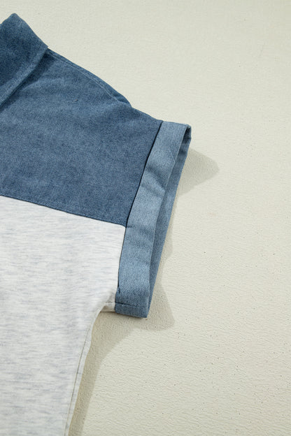 Grey Color Block Denim Short Sleeve Top