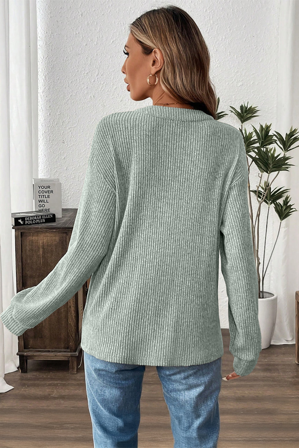 Aqua Ribbed Henley Knit Top