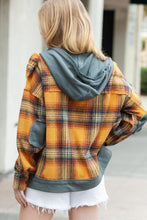 Load image into Gallery viewer, Grey Plaid Patchwork Frayed Trim Snap Button Hooded Jacket