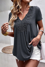 Load image into Gallery viewer, Solid Color Lace Crochet Short Sleeve V Neck T Shirt