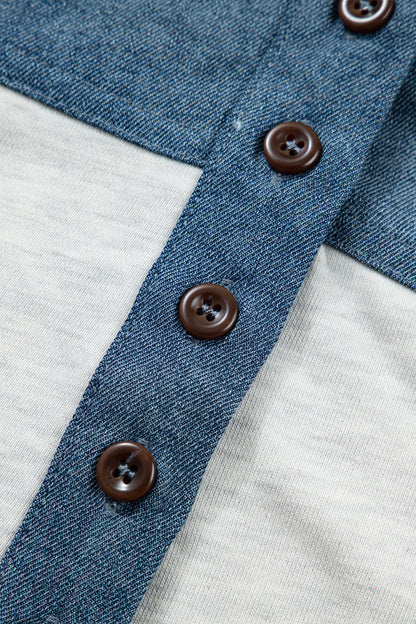Grey Color Block Denim Short Sleeve Top