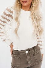 Load image into Gallery viewer, White Frills Stripe Mesh Sleeve Ribbed Knit Top
