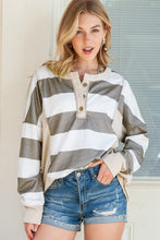 Load image into Gallery viewer, Multicolor Stripes Print Exposed Seam Long Sleeve Henley Shirt