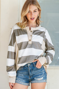 Multicolor Stripes Print Exposed Seam Long Sleeve Henley Shirt