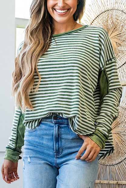 Green Stripe Thermal Knit Drop Shoulder