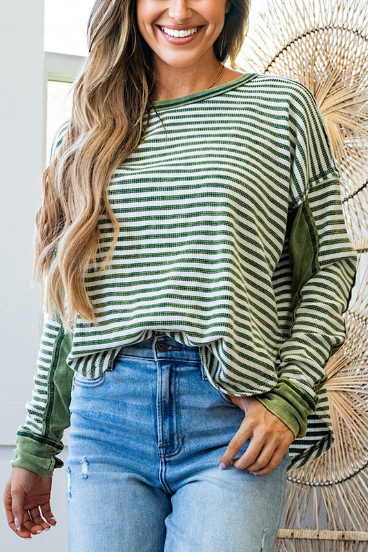 Green Stripe Thermal Knit Drop Shoulder