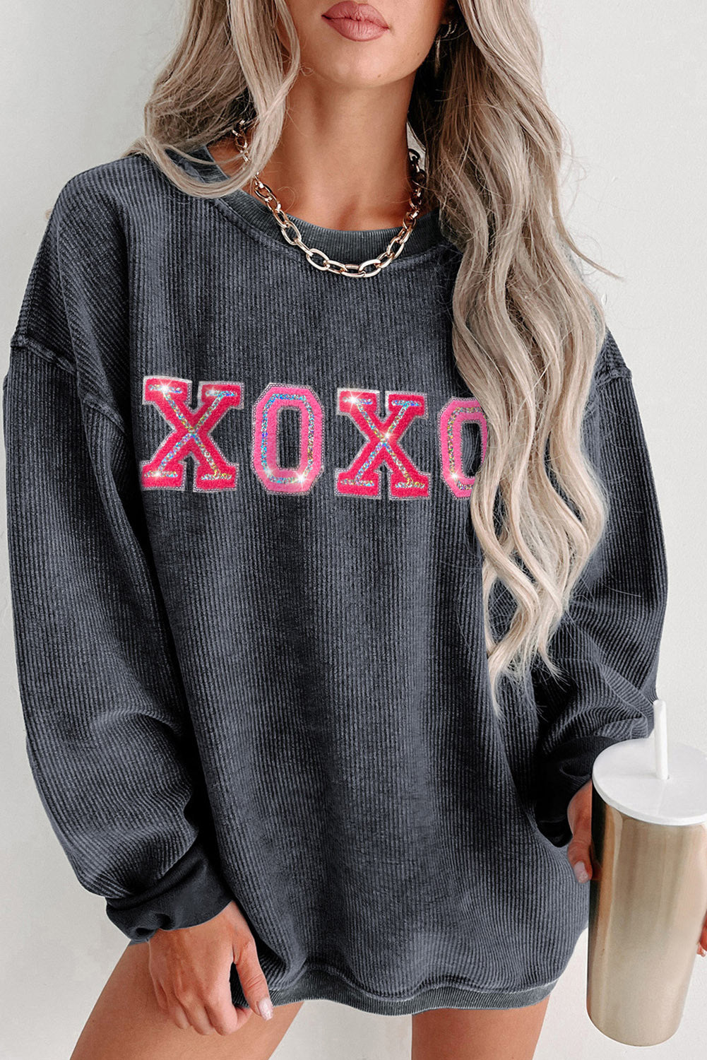 Gray Sequin XOXO Corded Crew Neck Sweatshirt