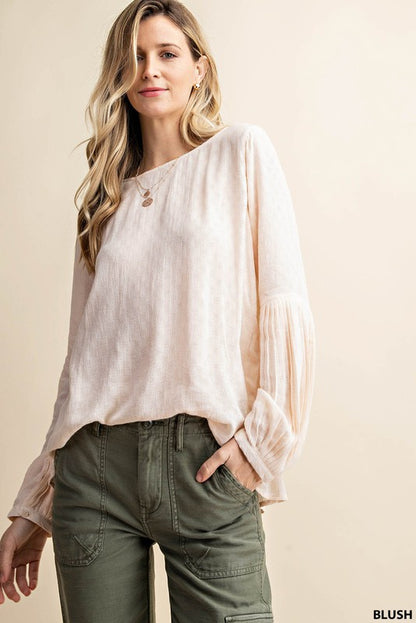 Blush Blouse with Textured Sleeve