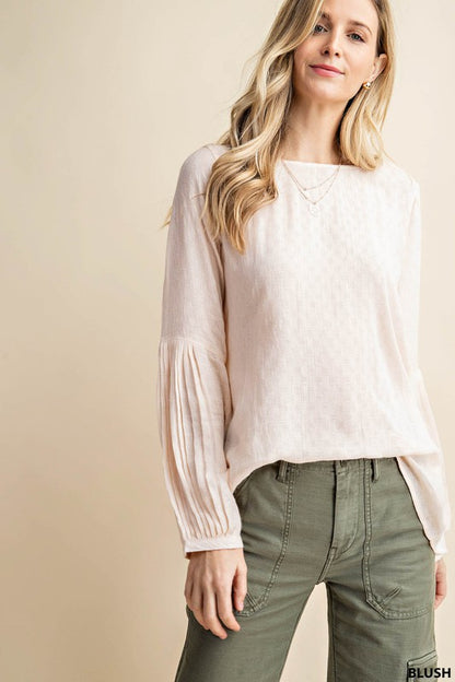 Blush Blouse with Textured Sleeve