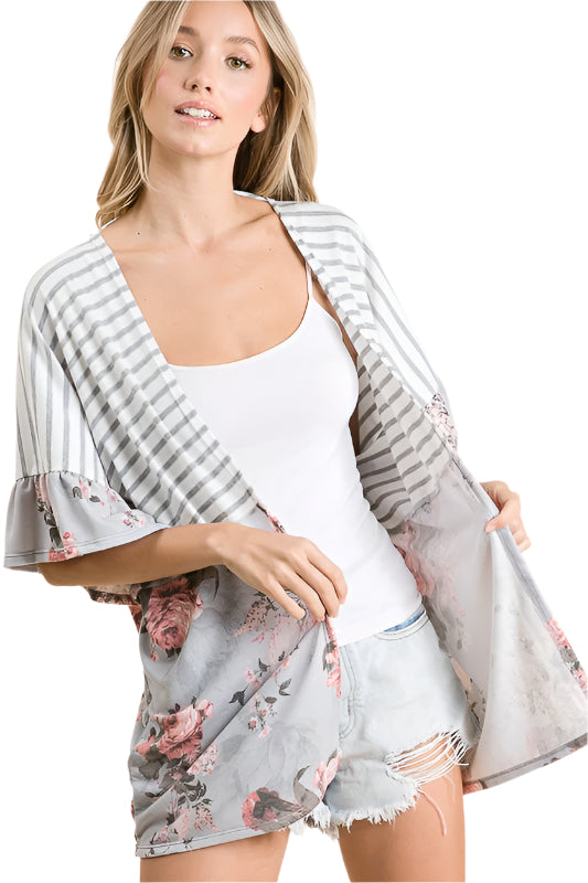 Stripe Floral Ruffle Kimono Cardigan