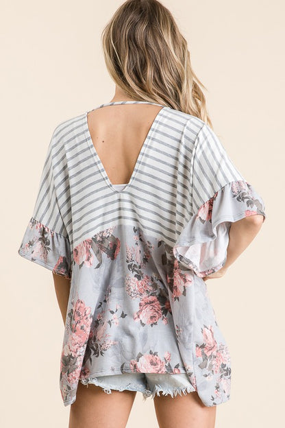 Stripe Floral Ruffle Kimono Cardigan