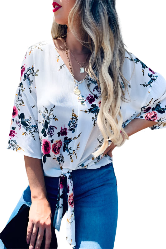 White Floral V Neck Tie Top