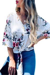 White Floral V Neck Tie Top