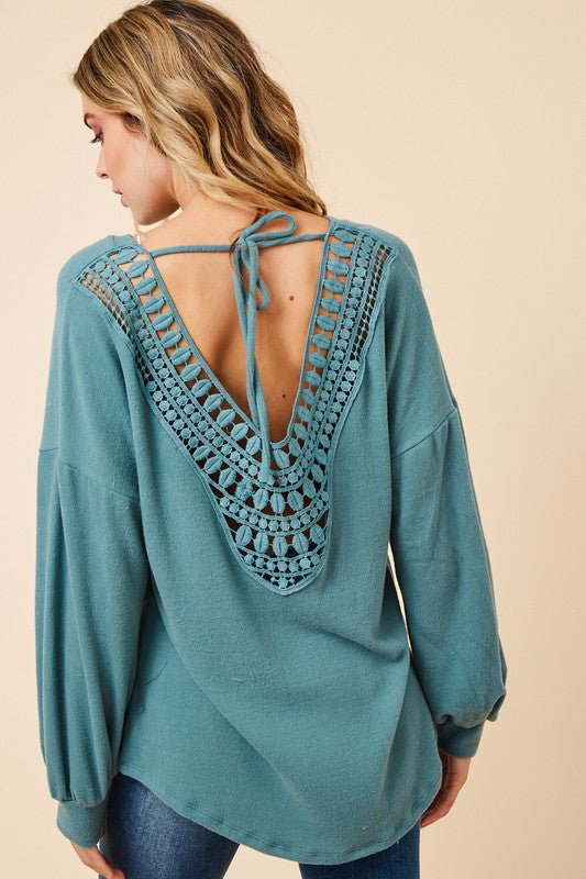Teal Long Sleeve Crochet Back Trim Top
