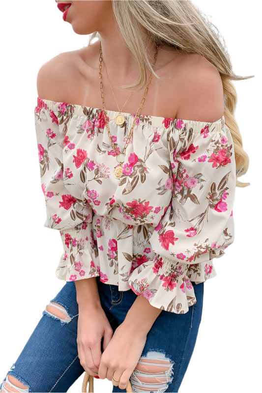 Floral Printed Smocking Detail Off Shoulder Top