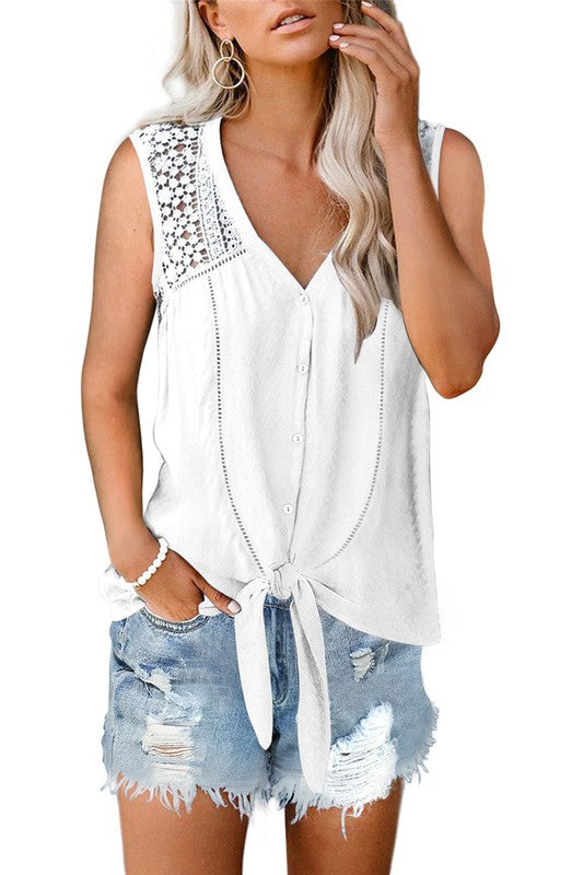White Lace Tie Front Tank