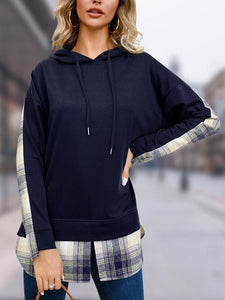 Plaid Flannel Long Sleeve Slit Hoodie