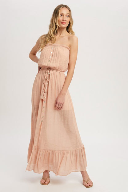 Hazel-Button Front Tube Maxi Dress