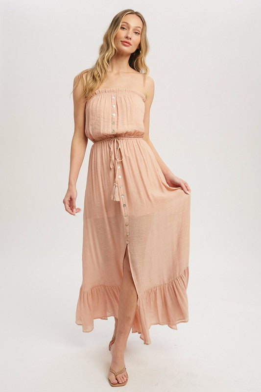 Hazel-Button Front Tube Maxi Dress