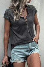 Load image into Gallery viewer, Gray Zip Neck Lace Splicing Short Sleeve Tee