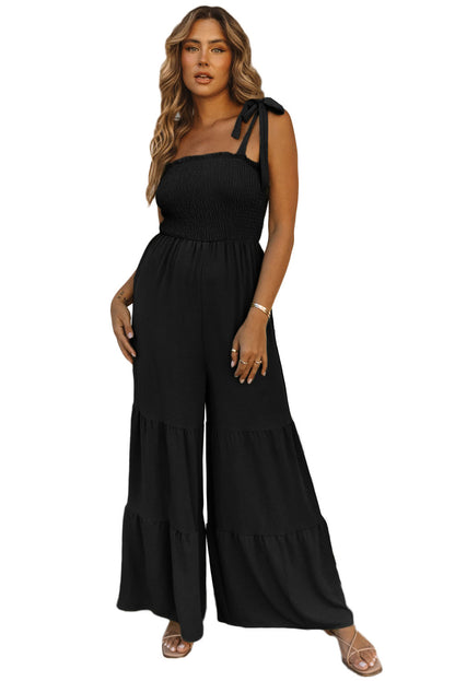 Black Tie Straps Shirred Casual Tiered Wide Leg Jumpsuit