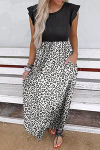 Leopard Print Casual Cap Sleeve Pocket Dress