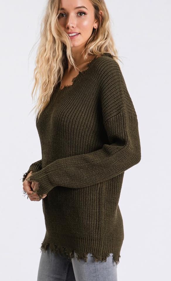 Olive Frayed Sweater