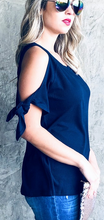 Load image into Gallery viewer, Navy Cold Shoulder with Tie Ruffle