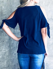 Load image into Gallery viewer, Navy Cold Shoulder with Tie Ruffle
