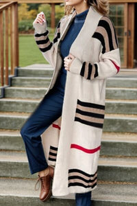 Striped Open Front Long Sleeve Longline Sweater Cardigan