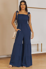 Load image into Gallery viewer, Black Tie Straps Shirred Casual Tiered Wide Leg Jumpsuit