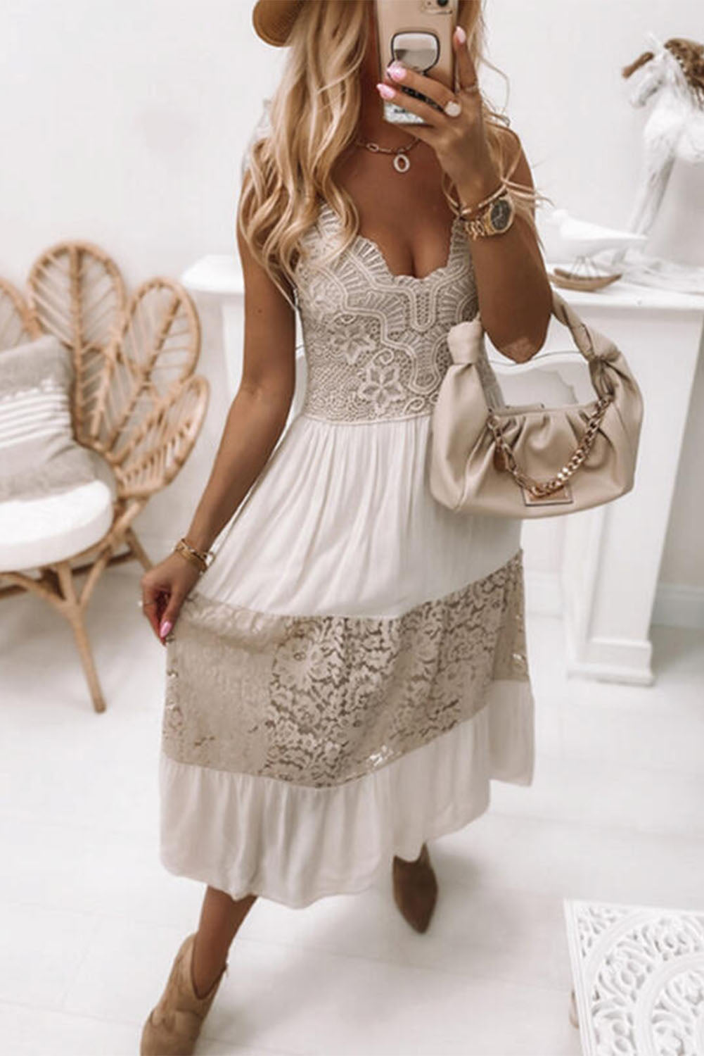 Elegant Lace Sleeveless Deep V Wedding Guest Maxi Dress