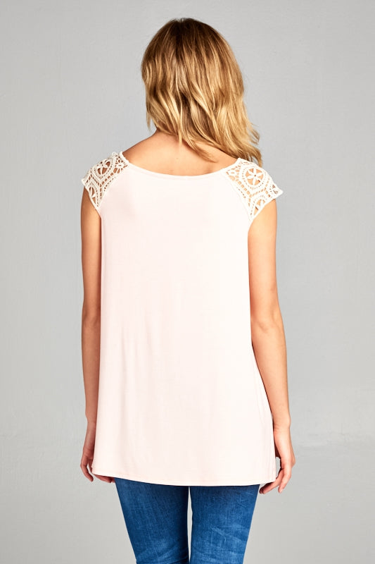 Blush Solid and Lace Patch Sleeve Tank Top